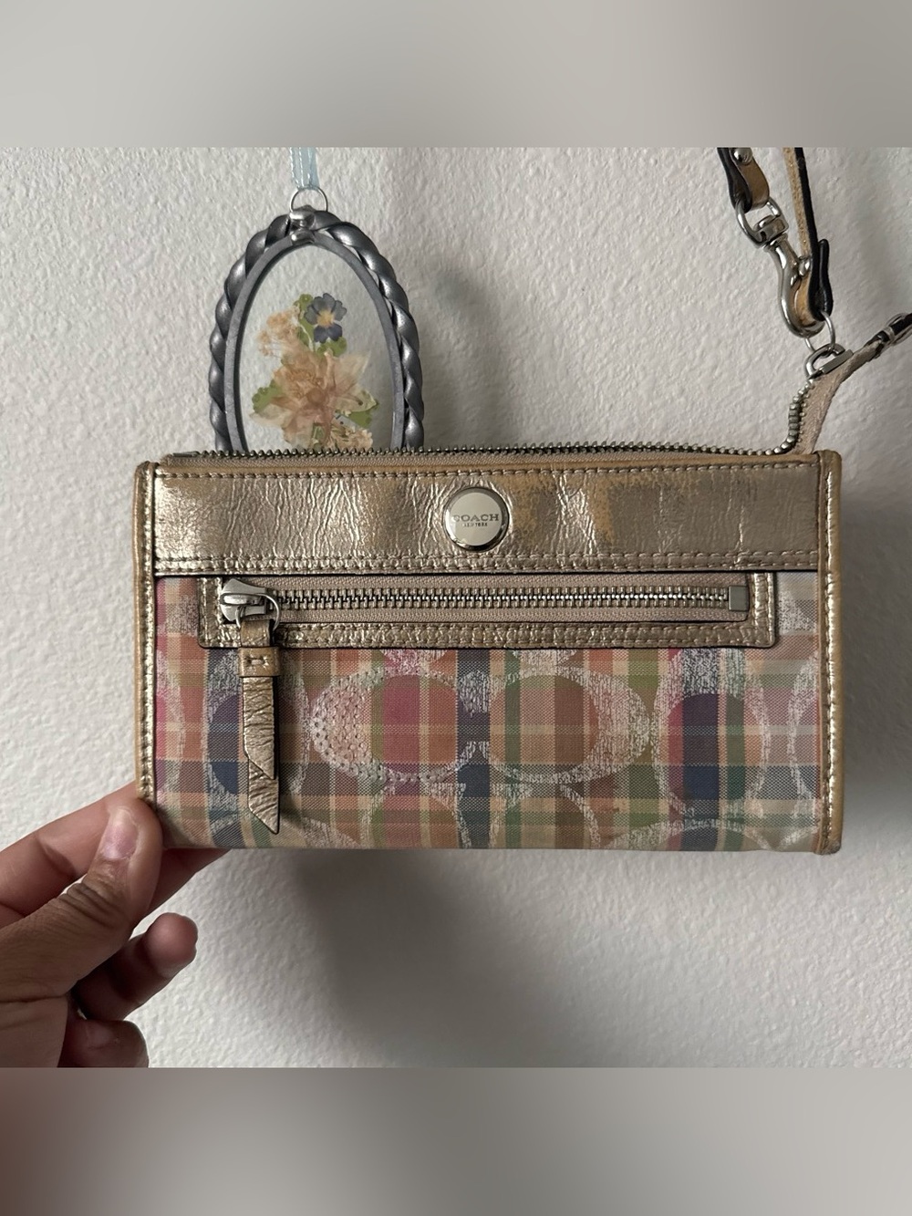 Coach Metallic Gold Multicolor Plaid Wristlet